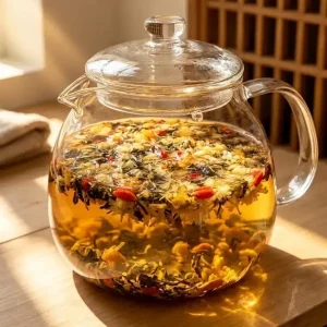 Infusion de la tisane Qi Ju dans une théière